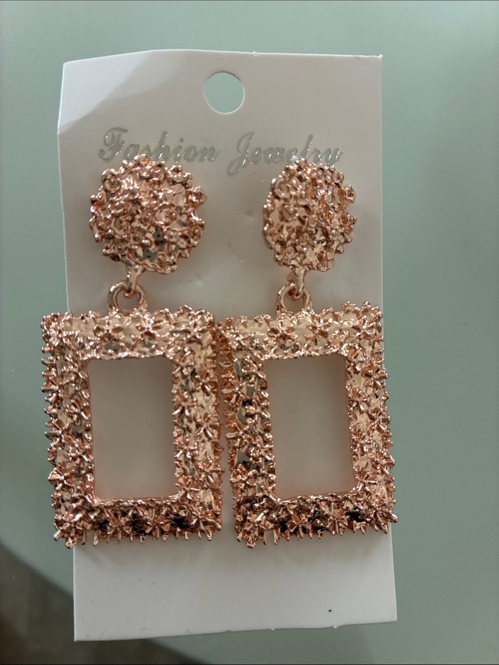 Fashion Jewelry Rose Gold Textured Open Rectangle Drop Earrings